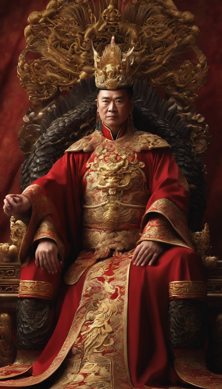 (best quality,4k,highres:1.2),ultra-detailed,(realistic:1.37)
An ancient Chinese emperor dressed in an exquisite dragon robe, wearing a crown adorned with pearls, and adorned with a jade thumb ring. The dragon robe is a magnificent combination of dark gold and black, exuding the majestic aura of a ruler. The emperor is seated on a dragon throne, located in the grand hall of the Hall of Supreme Harmony. The camera captures the entire body, showcasing the emperor's regal presence. The scene is bathed in surreal artistic lighting, reminiscent of the aesthetics seen in movies.