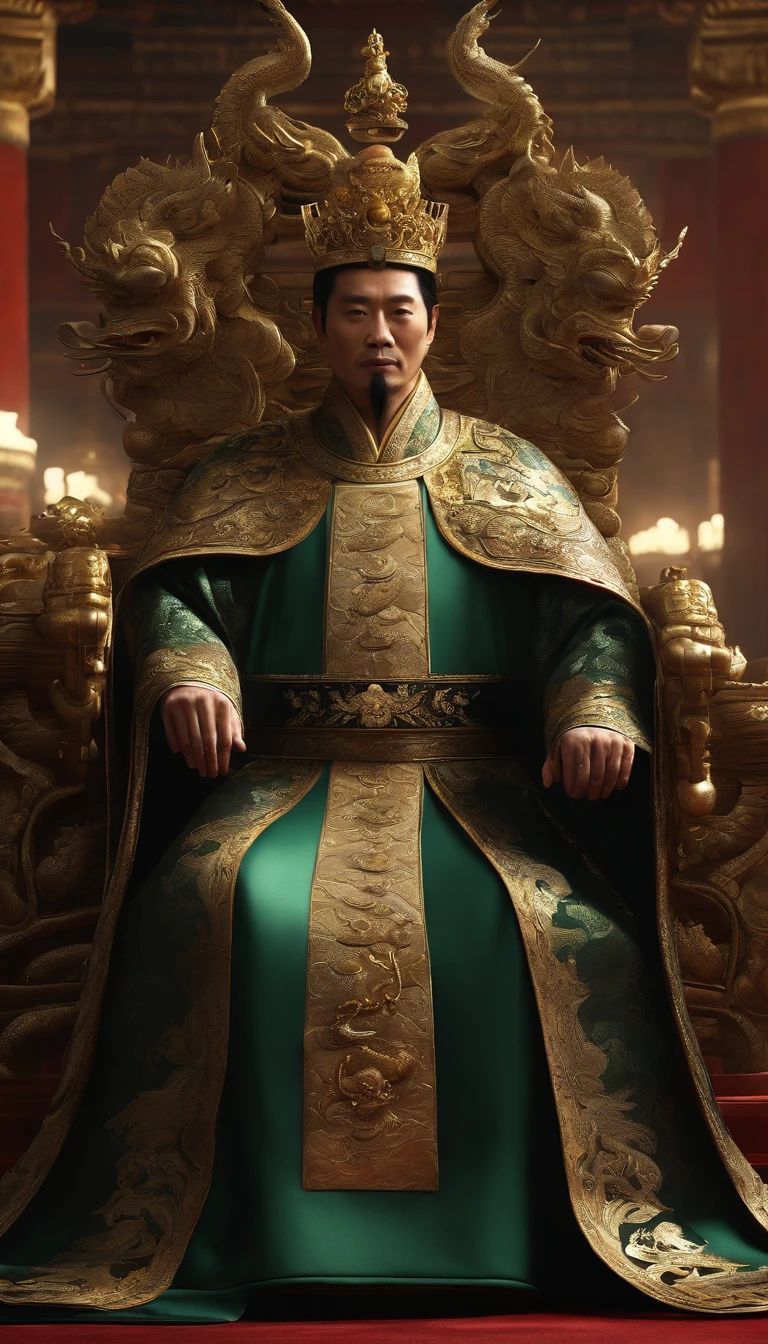 (best quality,4k,highres:1.2),ultra-detailed,(realistic:1.37)
An ancient Chinese emperor dressed in an exquisite dragon robe, wearing a crown adorned with pearls, and adorned with a jade thumb ring. The dragon robe is a magnificent combination of dark gold and black, exuding the majestic aura of a ruler. The emperor is seated on a dragon throne, located in the grand hall of the Hall of Supreme Harmony. The camera captures the entire body, showcasing the emperor's regal presence. The scene is bathed in surreal artistic lighting, reminiscent of the aesthetics seen in movies.