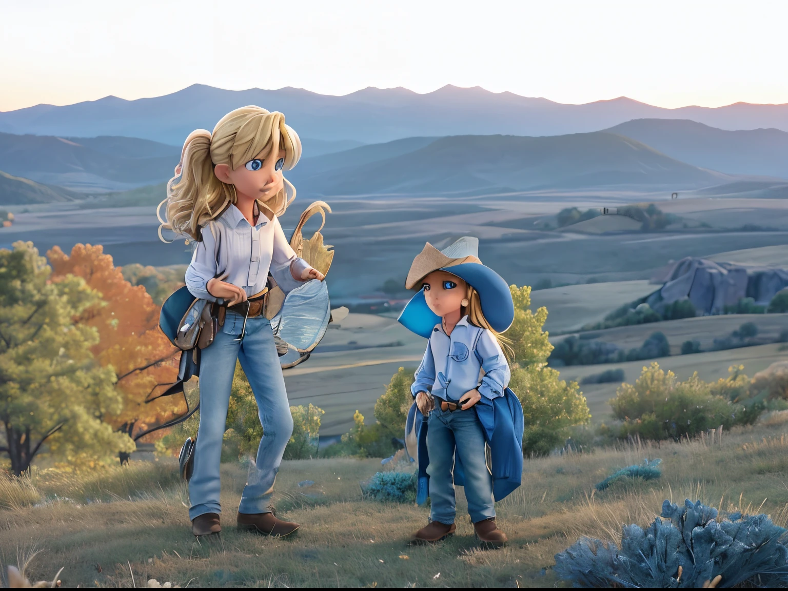 Cowboy with blue button up shirt standing behind a blond girl in white sweater with the cowboy’s arms around her and a beautiful fall background with mountains and sunset