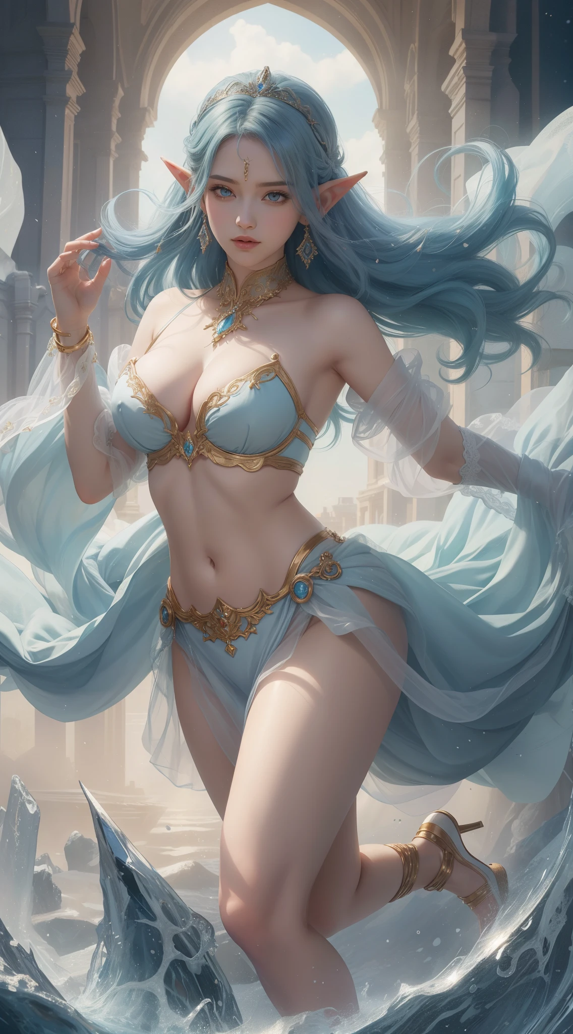 tmasterpiece,Highest image quality,Beautiful full body portrait of noble elf dancer,Exquisite sky blue hairstyle,Clear golden eyes,veils,White midriff-baring dance costume,heeled sandals,Has a dazzling array of、Well made jewelry,Ultra-detailed details,advanced。At the Pixiv Art Station,Break your own power,Luigi,Big breasts exposing cleavage,R-18G