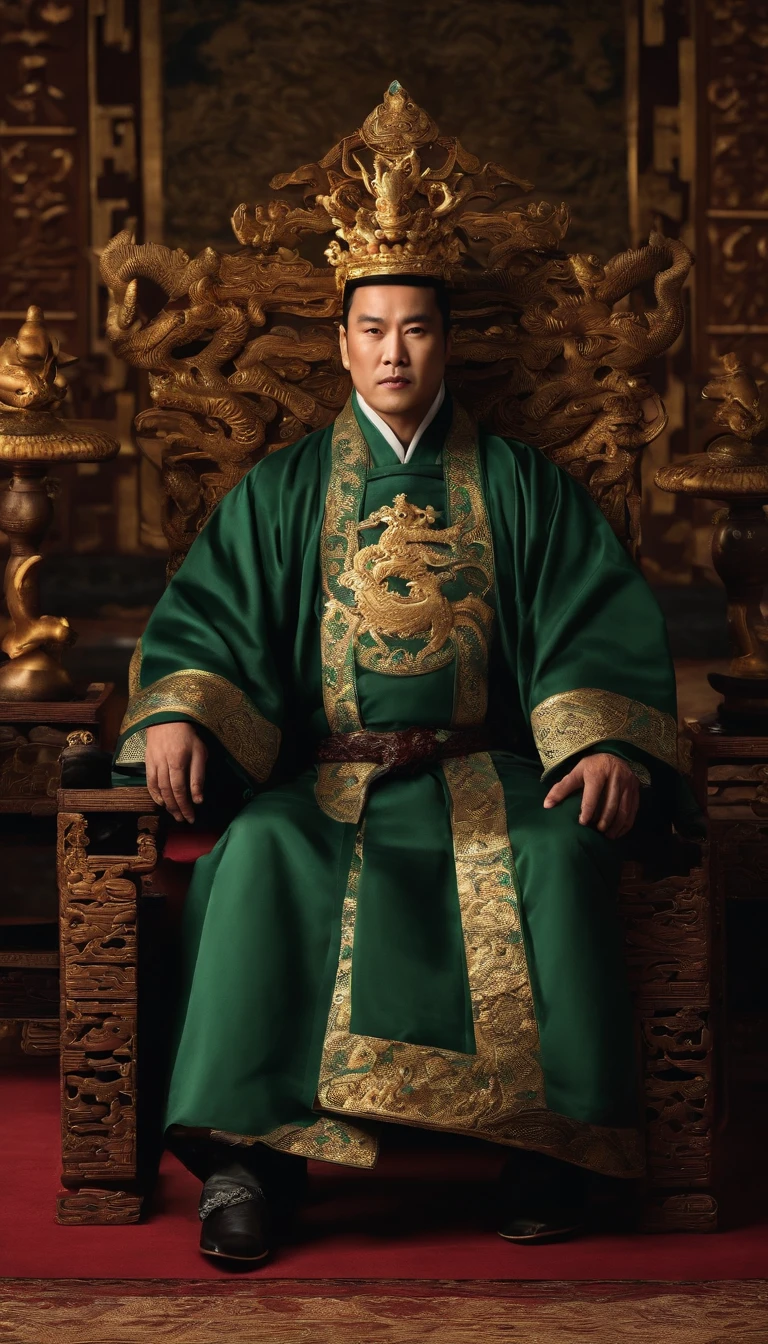 Emperors of ancient China，Wearing a dragon robe，Wearing a beaded crown，Wearing a jade ring on the hand，Dark gold and black dragon robe，The domineering power of the king，sitting on a dragon chair，In the main hall of Jinluan Palace，full body shot shot，Surreal art，Cinematic lighting