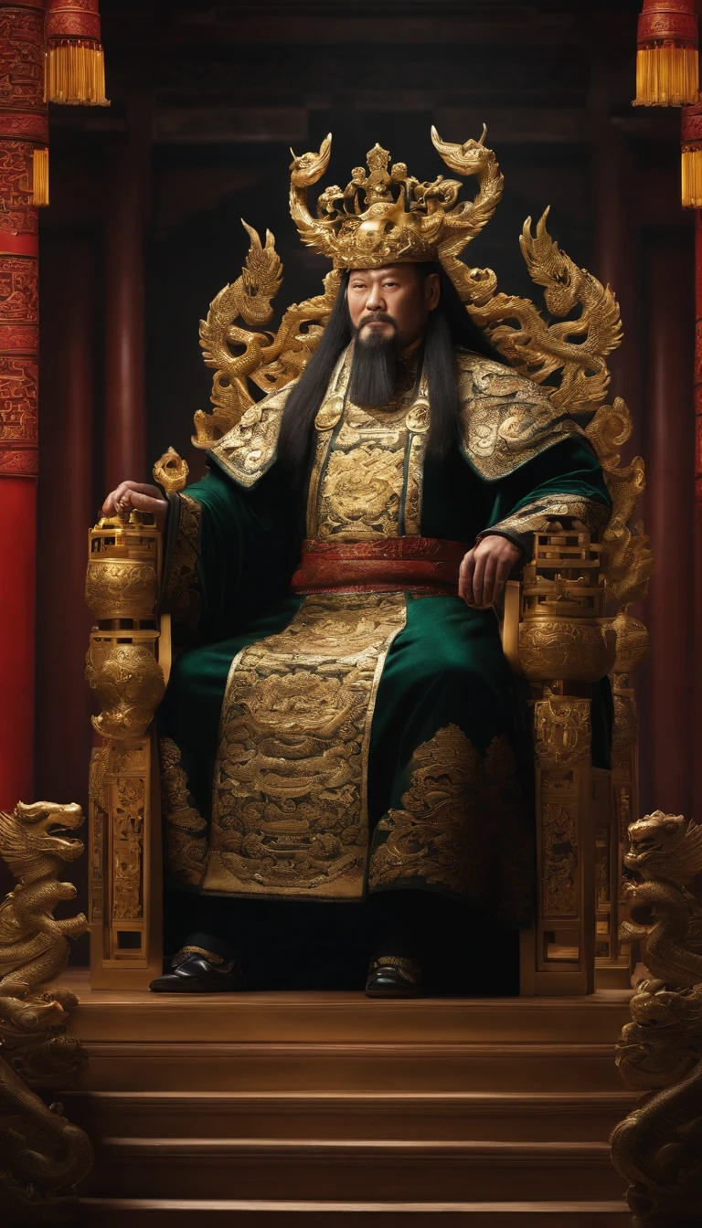 Emperors of ancient China，Wearing a dragon robe，Wearing a beaded crown，Wearing a jade ring on the hand，Dark gold and black dragon robe，The domineering power of the king，sitting on a dragon chair，In the main hall of Jinluan Palace，full body shot shot，Surreal art，Cinematic lighting