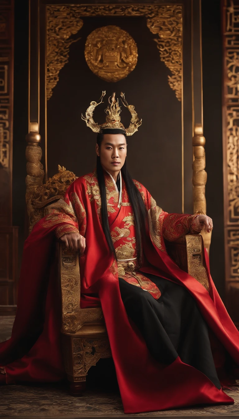 Emperors of ancient China，Wearing a dragon robe，Wearing a beaded crown，Wearing a jade ring on the hand，Dark gold and black dragon robe，The domineering power of the king，sitting on a dragon chair，In the main hall of Jinluan Palace，full body shot shot，Surreal art，Cinematic lighting
