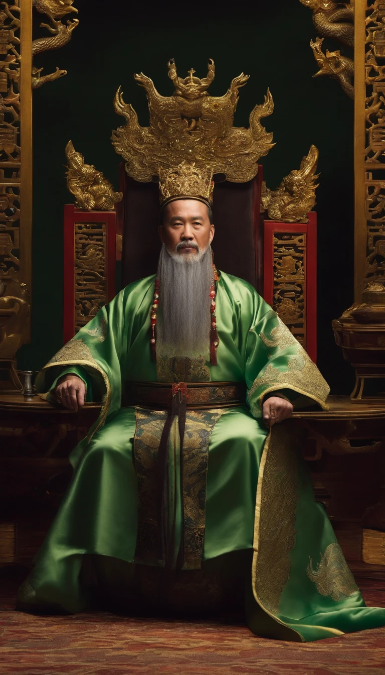 Emperors of ancient China,Wearing a dragon robe,Wearing a beaded crown,Wearing a jade ring on the hand,Dark gold and black dragon robe,The domineering power of the king,sitting on a dragon chair,In the main hall of Jinluan Palace,full body shot shot,Surreal art,Cinematic lighting