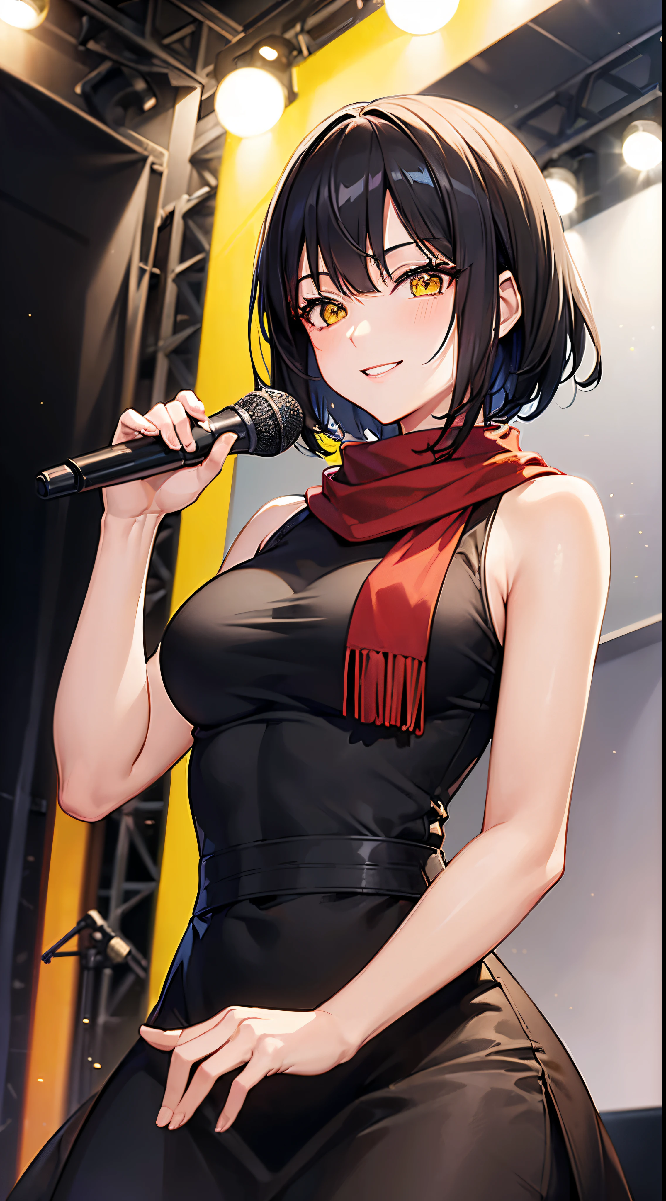 (Masterpiece: 1.4), (Best Quality: 1.4), High Resolution, High Detail, anime animation, woman, mature, upper body, short black hair, yellow eyes, smile, microphone, red scarf, black dress, stage, sparkling