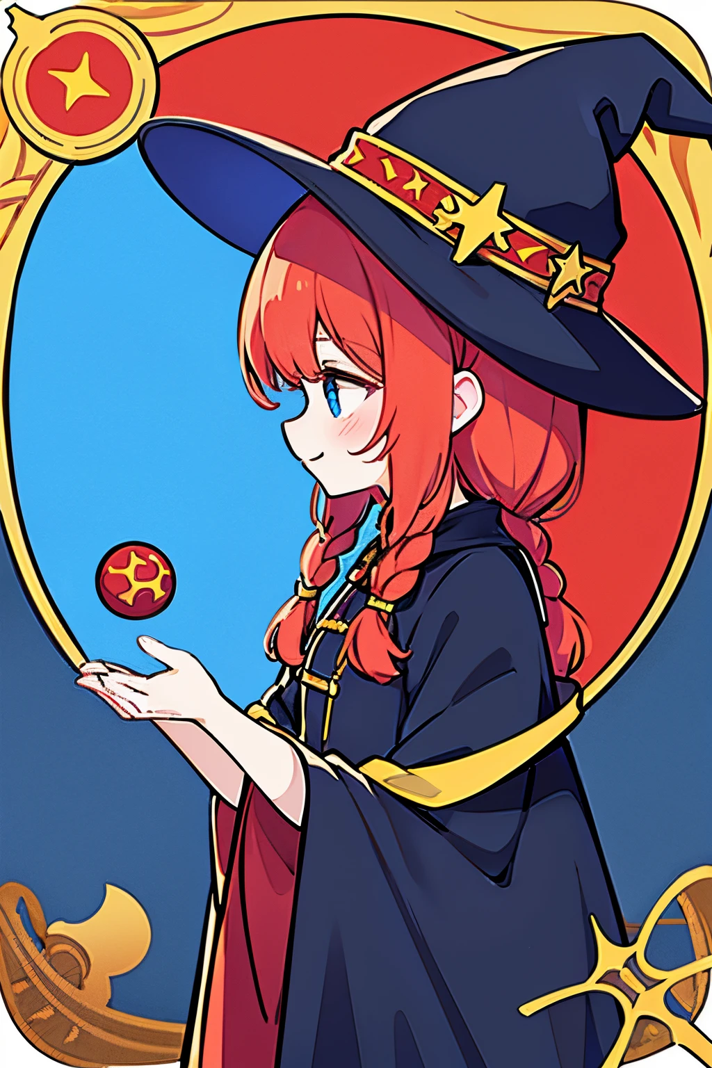 cartoon girl with witch costume, braided red hair and blue eyes, happy witch, profile picture, icon, framed, iconic, round icon