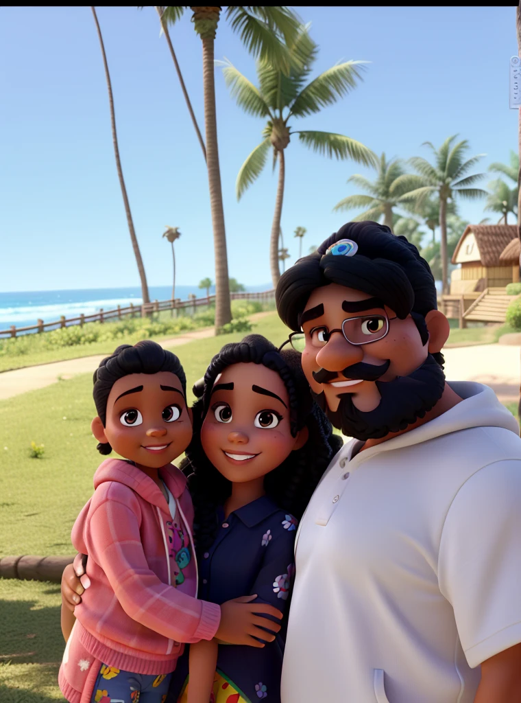 Filha com cabelos caracolados, white mother, pai negro com bigode e barba crescendo, estilo disney pixar em alta qualidade