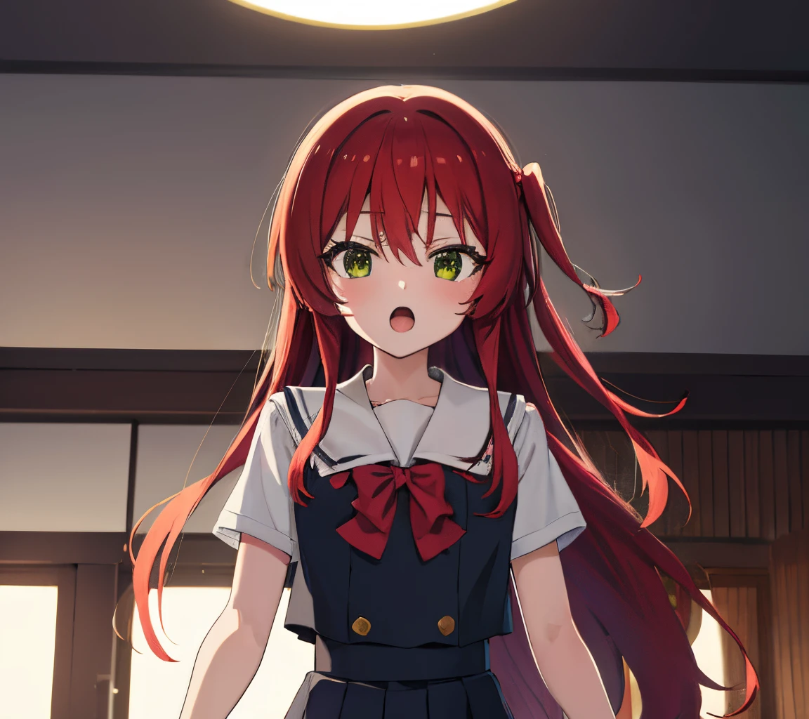 kitaikuyo, ikuyo kita, (green eyes:1.5), hair between eyes, long hair, one side up, red hair, (flat chest:1.2),
BREAK black footwear, black skirt, grey sailor collar, pleated skirt, sailor collar, school uniform, shoes, short sleeves, shuka high school uniform, skirt,,
BREAK looking at viewer,
BREAK indoors, classroom,
BREAK (masterpiece:1.2), best quality, high resolution, unity 8k wallpaper, (illustration:0.8), (beautiful detailed eyes:1.6), extremely detailed face, perfect lighting, extremely detailed CG, (perfect hands, perfect anatomy),up chest.big breasts.Sad face.open mouth.