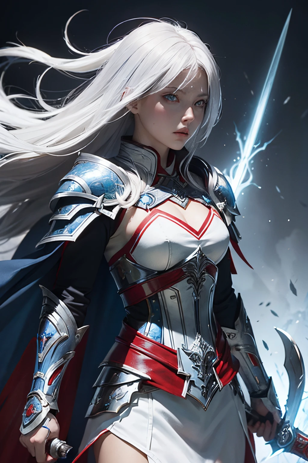 Female warrior white hair,blue eye, silver armor light reflect and red and blue line, red and blue cloak, white costume, equip sword and shield