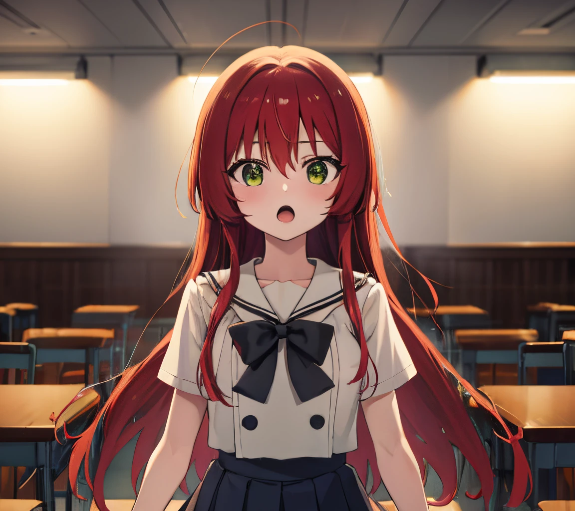 kitaikuyo, ikuyo kita, (green eyes:1.5), hair between eyes, long hair, one side up, red hair, (flat chest:1.2),
BREAK black footwear, black skirt, grey sailor collar, pleated skirt, sailor collar, school uniform, shoes, short sleeves, shuka high school uniform, skirt,,
BREAK looking at viewer,
BREAK indoors, classroom,
BREAK (masterpiece:1.2), best quality, high resolution, unity 8k wallpaper, (illustration:0.8), (beautiful detailed eyes:1.6), extremely detailed face, perfect lighting, extremely detailed CG, (perfect hands, perfect anatomy),up chest.big breasts.Sad face.open mouth.