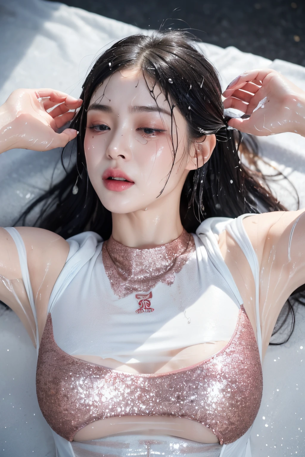 (8K, RAW photogr, Best quality at best, masterpiece:1.2), High Definition RAW Color Photography, professional photoshooting, (actual, Photographic realism:1.37), ((Best quality at best)), 1 girl in:1, 电影灯光, ,moody light, blue hour, (((perfect anatomia:1.10))), (Delicate and delicate face:1.2), (masterpiece:1.5), (Best quality at best:1.2), lipsticks, V-shaped jaw, sexually suggestive faces, (The background is blurred out), glossy texture, (long whitr hair:1.3), (s the perfect face:1.4), (美丽细致的眼睛), (Sweat soaked clothes:1.7), white skinned, Elongated, small-nose, (Willow waist:1), (almond eyes:1), (Large breasts:1.3), Chopping, By bangs, little ass, Wrestling venues, ((Sexy Glitter Wrestling Outfit:1.3)), (Sexy white wrestling costume:1.3), ((A slightly painful expression:1.4)), ((Lie on your back on the ground:1.3)), ((exhausted:1.3)), ((Holding back the pain expression:1.4)), (full bodyesbian:1.4),