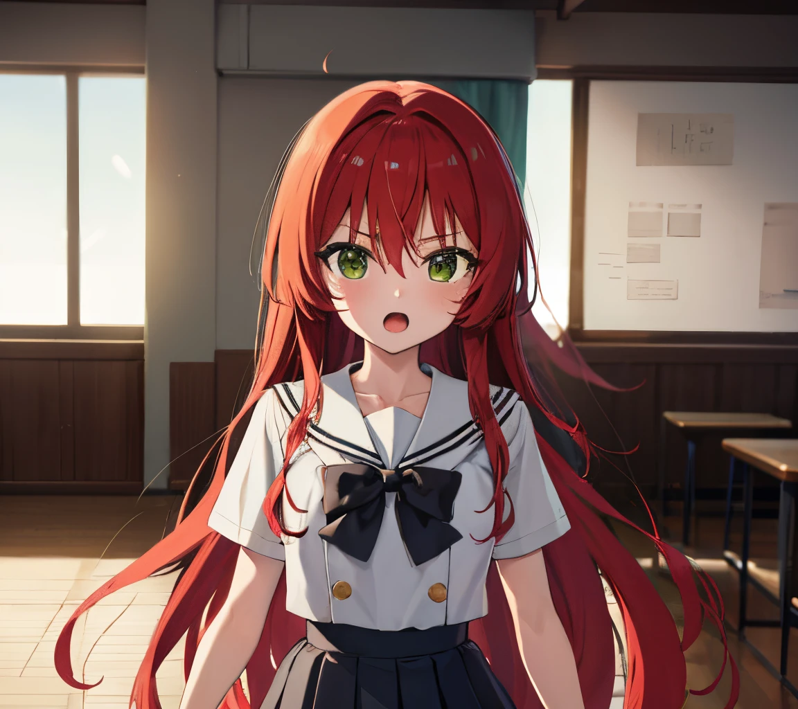 Anime girl with red hair and green eyes in a school classroom - SeaArt AI