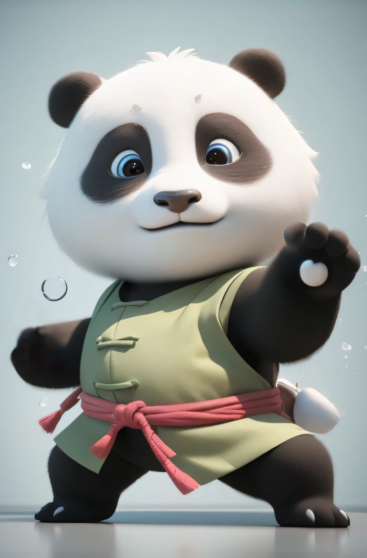 Close-up of panda wearing green shirt and red belt, Cute 3d rendering, 3D model of a Japanese mascot, cute panda, lovely digital painting, cute big breasts! c4d, pandas, panda panda panda, Wojtechfors, author:Fei Danxu, Renderer rendering, dreamworks animation style, Animated characters, high quality rendering