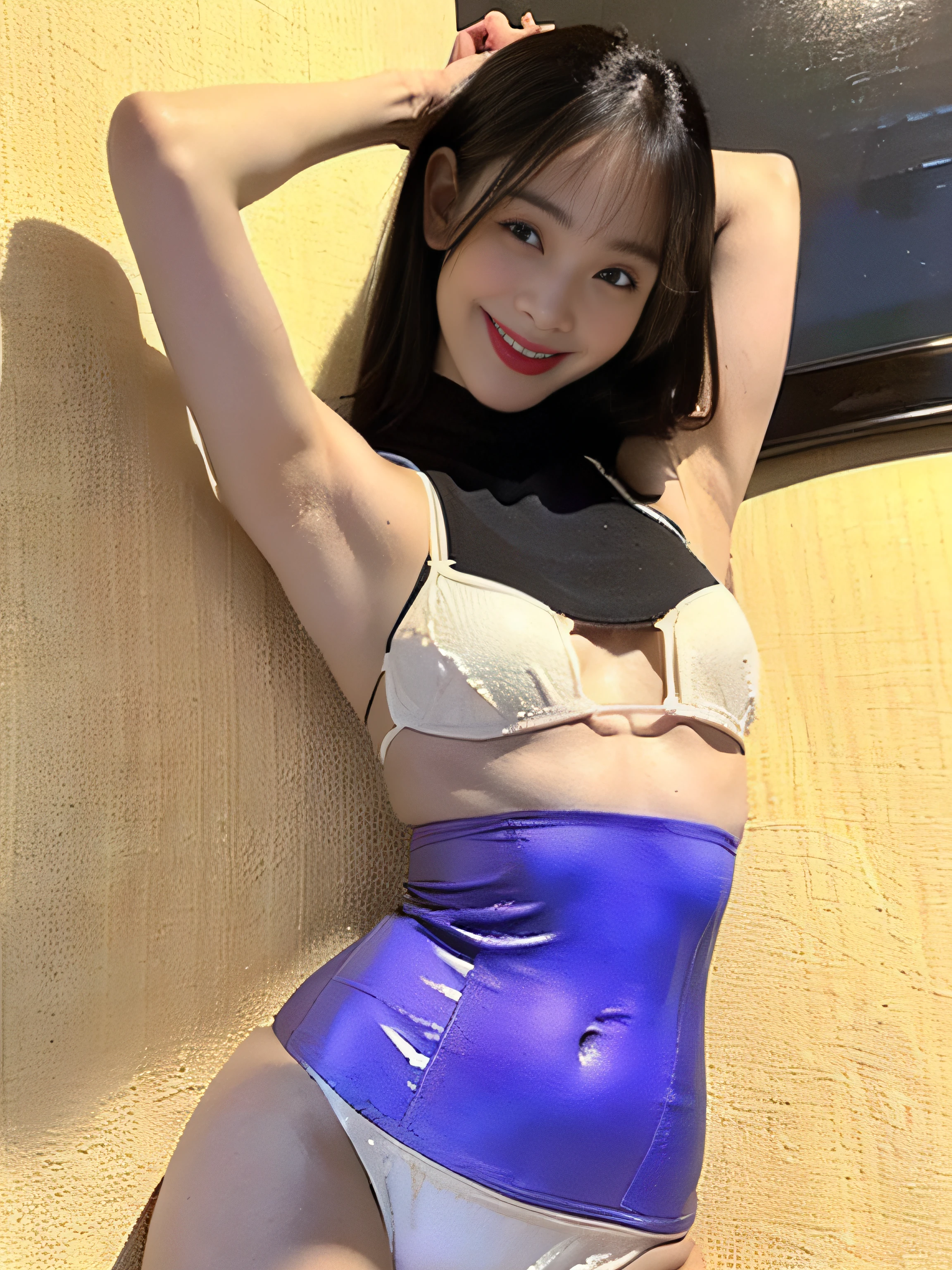 Street、((Two behind-the-scenes shots of you and your delivery guy..........、a picture:2guys、You can see the back of the delivery man looking at you、Stand in front of the delivery man、I see the delivery man、Show underarms、Ultra-realistic armpits、Armpit、Navel、Detailed armpit wrinkles、Detailed armpit pores、Realistic armpit skin、Black armpit skin、Black armpits、armpit pose、gazing at viewer、smil、Full body armpits standing facing the viewer、Show both armpits、Wearing a sleeveless sweater and simple little panties、Stand straight facing the front、Show armpits、 (illustratio), (hight resolution), (8K), (ighly detailed), (The best illustrations), (armpit pose、White small panties beautiful detailed eyes), (top-quality), (ultra-detailliert), (​masterpiece), (wall-paper), (详细的脸、red lipsticks), (A smile、((40 years,red lipsticks,femele,Show realistic armpits))、Black hair,Bob Heyer,((Woman wearing purple biker patent suit and small white panties、Show the navel)), japanes,(Tall slim body、)From  above