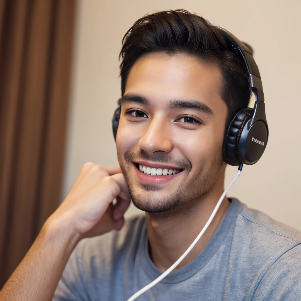 masterpiece, high quality, 1man , smile, headphone, room