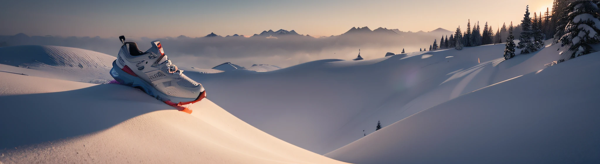 (a huge brown travel shoe)，tmasterpiece，Best quality at best，extremely beautiful reflection，best reflection(Very detailed CG unified 8k wallpaper)Best quality at best)(The best illustrations),(The best shadow)，Snow mountain theme and natural elements，Tall trees，(a winding mountain road)，Surrounded by delicate snowflakes，(nature elements)，(Snow mountain theme)，(Snowy mountains in the distance)，Octagonal rendering，Ray traching，ultra - detailed，Cinematic light and shadow