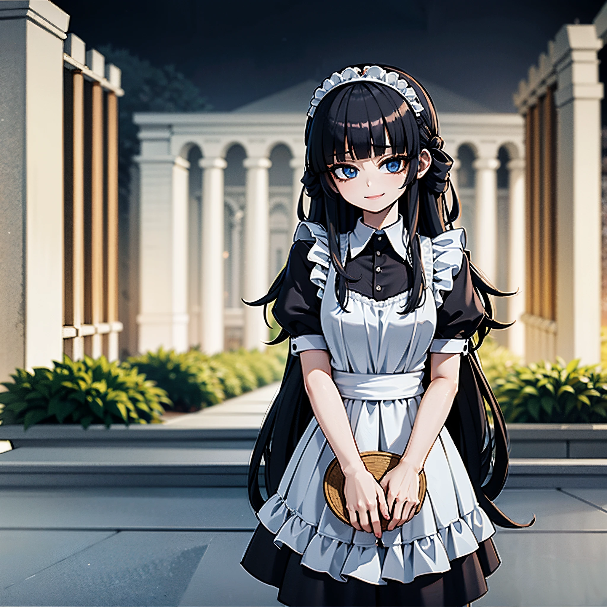 1Young woman, anime, dark blue hair, red shinning eyes, maid dress, black dress, smiling, in a garden, night, blue moonlight, mansion behind, beautiful atmosphere, 4k, masterpiece, highlights,