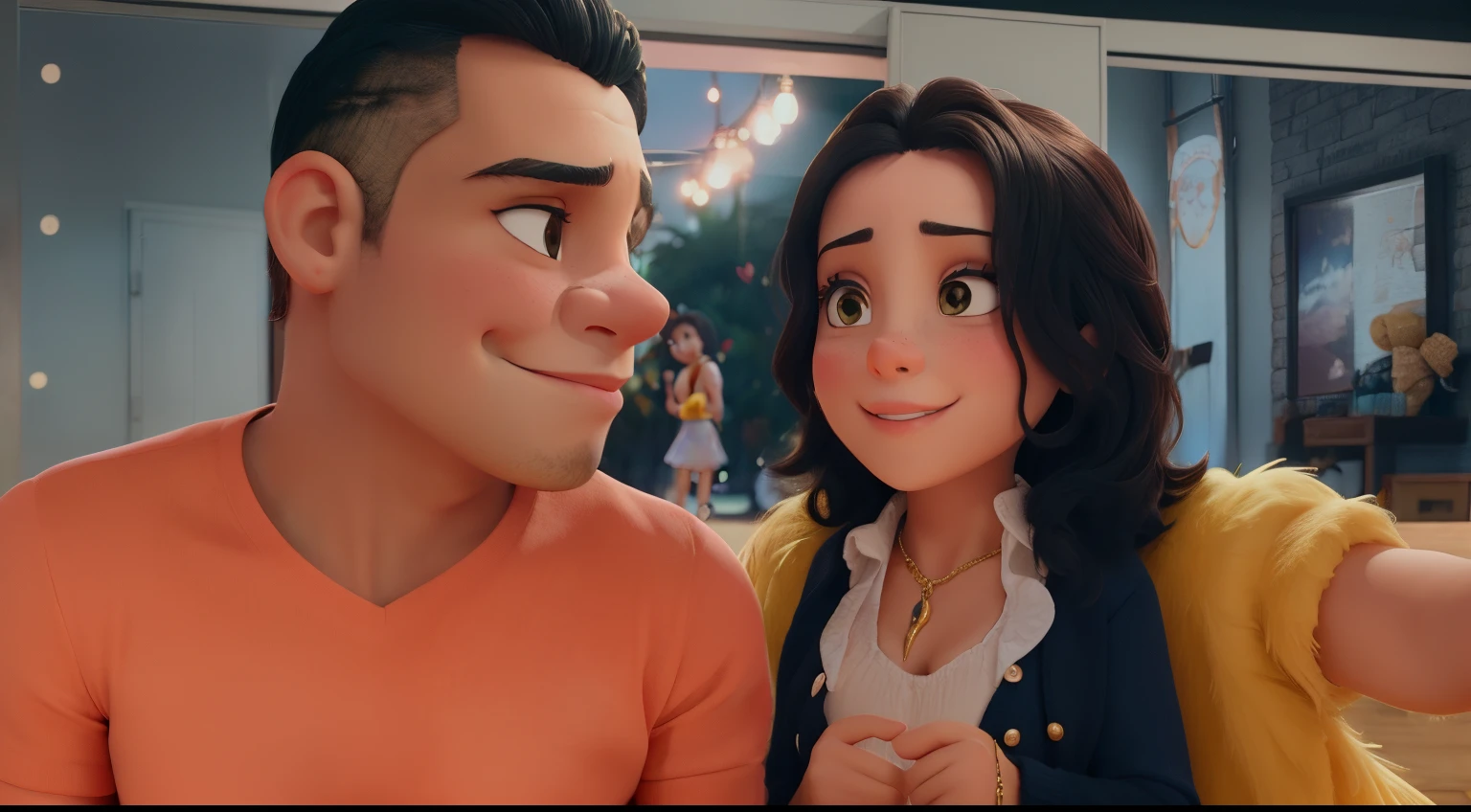 Obra-prima, de melhor qualidade, um casal se olhando sorrindo ligeiramente, tirando uma foto na frente do espelho. Um menino com cabelo bem cacheado avermelhado olhando para uma menina com cabelo bem cacheado preto, olhando um para o outro apaixonadamente