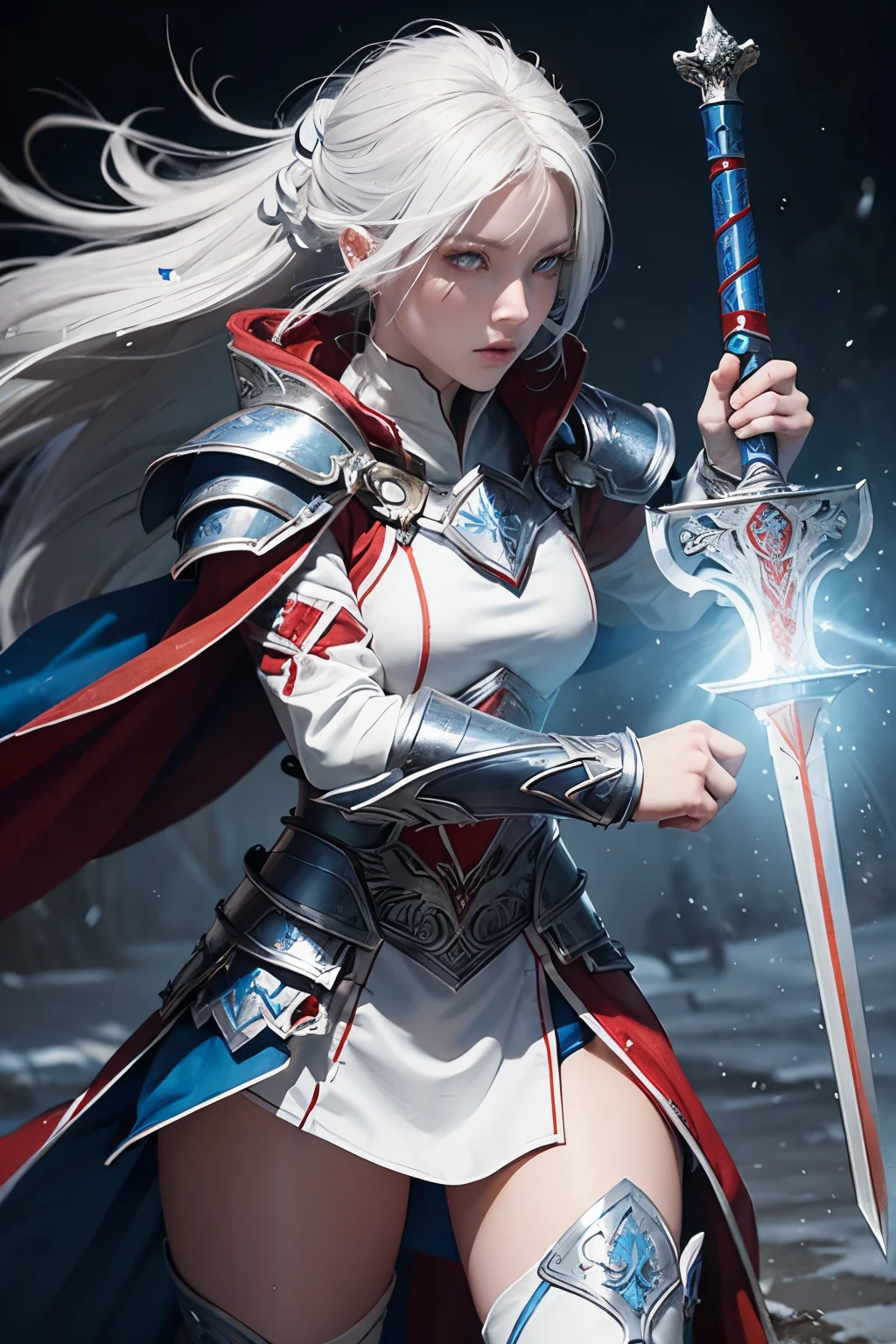 Female warrior white hair,blue eye, silver armor light reflect and red and blue line, red and blue cloak, white costume, equip sword and shield