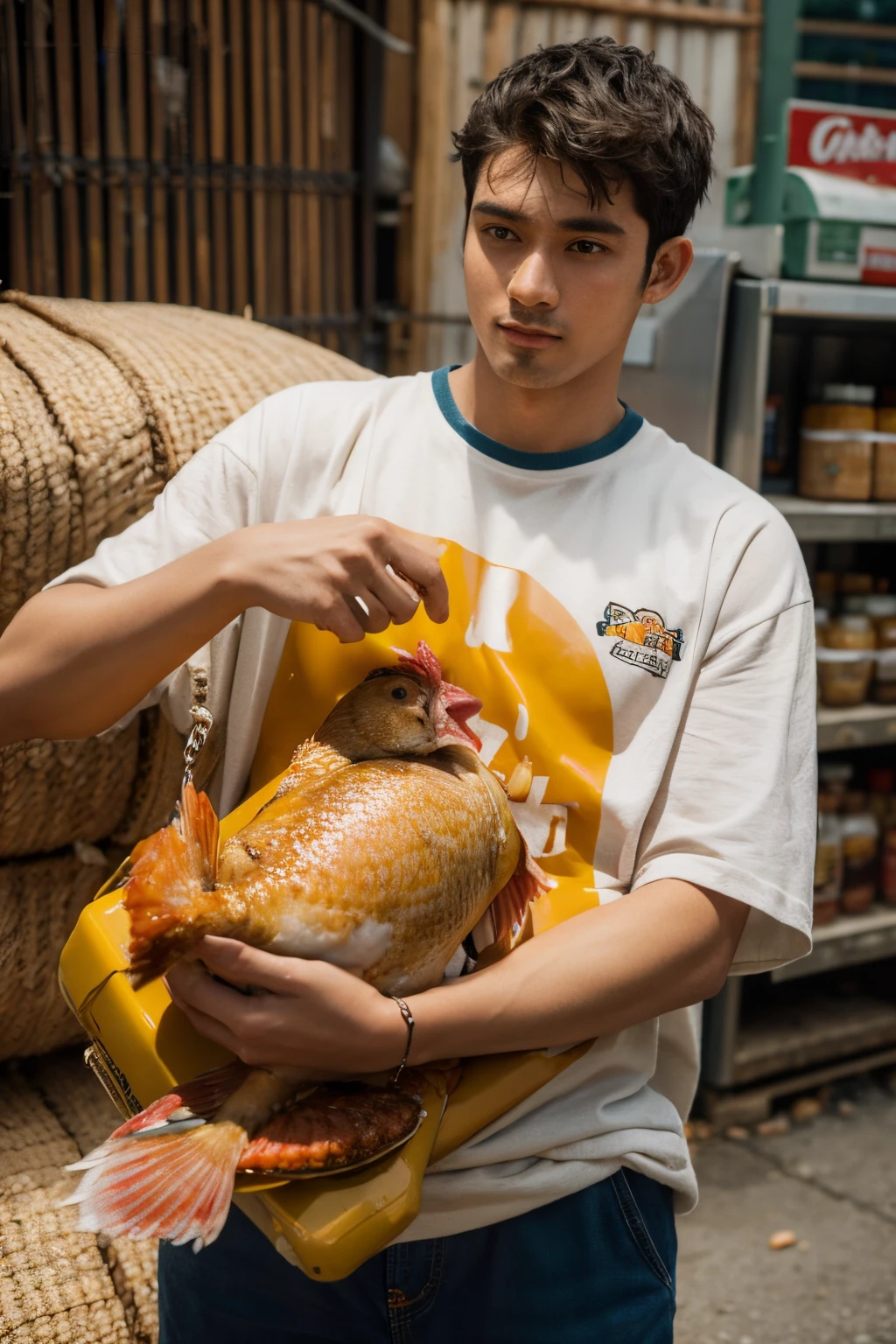 Holding chicken and fish in left hand,Man holding peanut oil in his right hand
