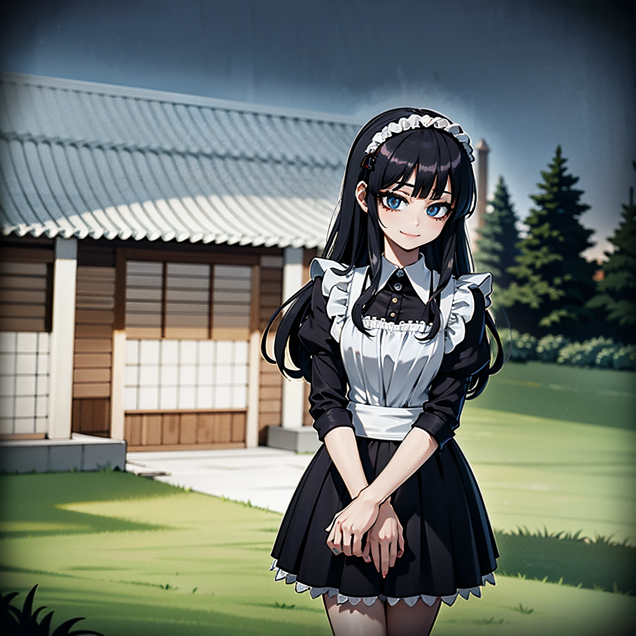 1Young woman, anime, dark blue hair, red shinning eyes, maid dress, black dress, smiling, in a garden, night, blue moonlight, mansion behind, beautiful atmosphere, 4k, masterpiece, highlights,