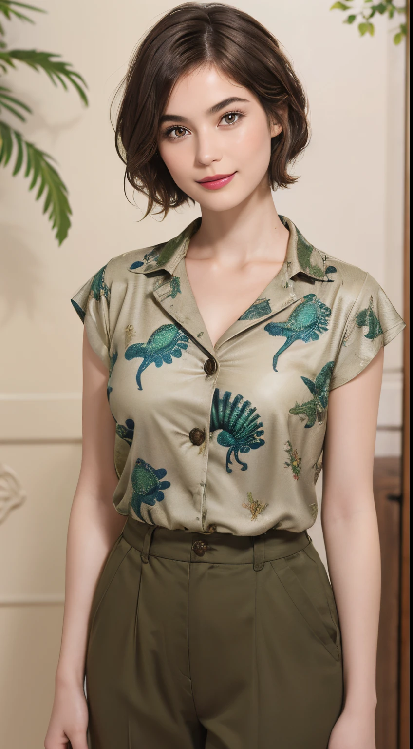 113
(a 20 yo woman,is standing), (A hyper-realistic), (high-level image quality), ((beautiful hairstyle 46)), ((short-hair)), (Gentle smile), (breasted:1.1), (wildlife print clothing), (There is a chameleon), (lipsticks)