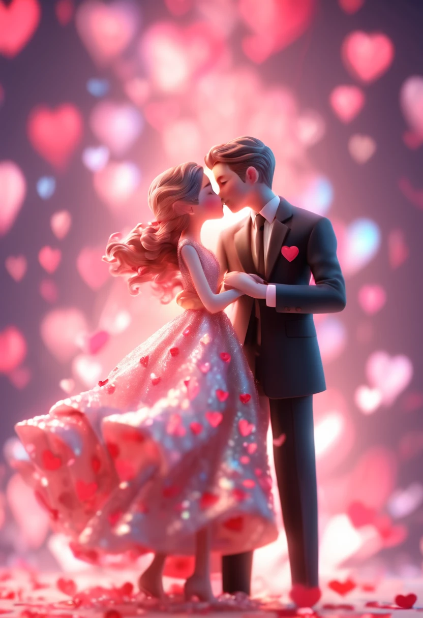 Valentine's day, a beautiful couple, blind box, girl in pretty dress, boy in black suits, soft color scheme, expressive facial expressions and body movements, hug, kiss, look at each other, romantic atmosphere, bright iridescent highlights, studio lighting, atmospheric lighting, exquisite texture, high detail, high resolution, c4d, Blender, 8k