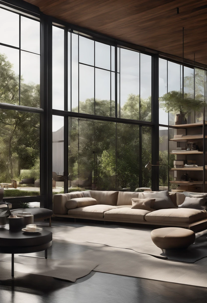 Residential home high end futuristic interior, olson kundig::1 Interior Design by Dorothy Draper, maison de verre, axel vervoordt::2 award winning photography of an indoor-outdoor living library space, minimalist modern designs::1 high end indoor/outdoor residential living space, rendered in vray, rendered in octane, rendered in unreal engine, architectural photography, photorealism, featured in dezeen, cristobal palma::2.5 chaparral landscape outside, black surfaces/textures for furnishings in outdoor space::1 –q 2 –ar 4:7