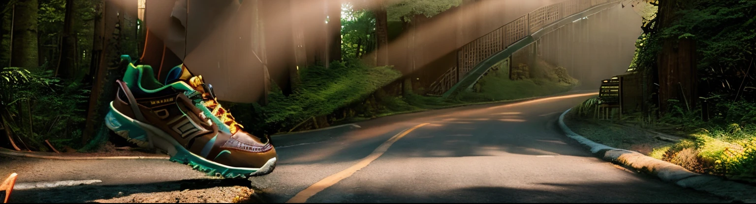 ((A pair of huge brown sneakers)),tmasterpiece,Forest path,forest nature scenery,Ray traching,Extreme light and shadow,(A mountain road),(The best shadow),(nature elements)rays of sunshine,rendering,exquisite leaves,depth of fields,Best quality at best,high qulity,the Extremely Detailed CG Unity 8K Wallpapers,towering trees,Dig,Creates a mysterious and captivating feeling,iintricate,Uptrend,Award-winning photography,bokeh,(HDR),blooms,color difference,真实感,The is very detailed