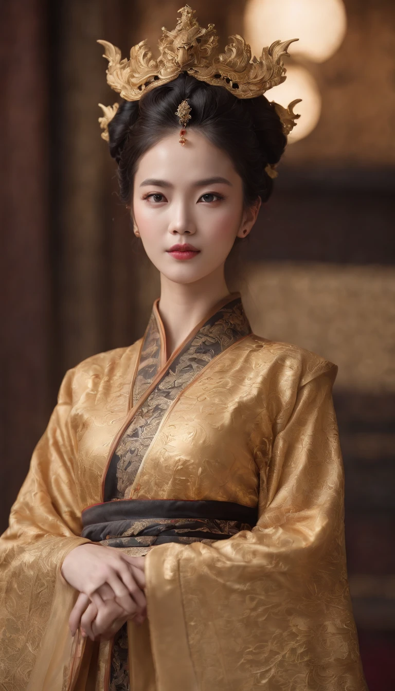 (best quality,4k,highres,masterpiece:1.2),ultra-detailed,realistic,portrait,detailed eyes,noble expression,detailed lips,long eyelashes,[Imperial Dragon Robe],gold and black,dragon embroidered,regal posture,emperor,throned on a Dragon Throne,ornate,[Golden Luanyan Palace],grand,royal atmosphere,decorated surroundings,flickering candlelight,vivid colors,bokeh.