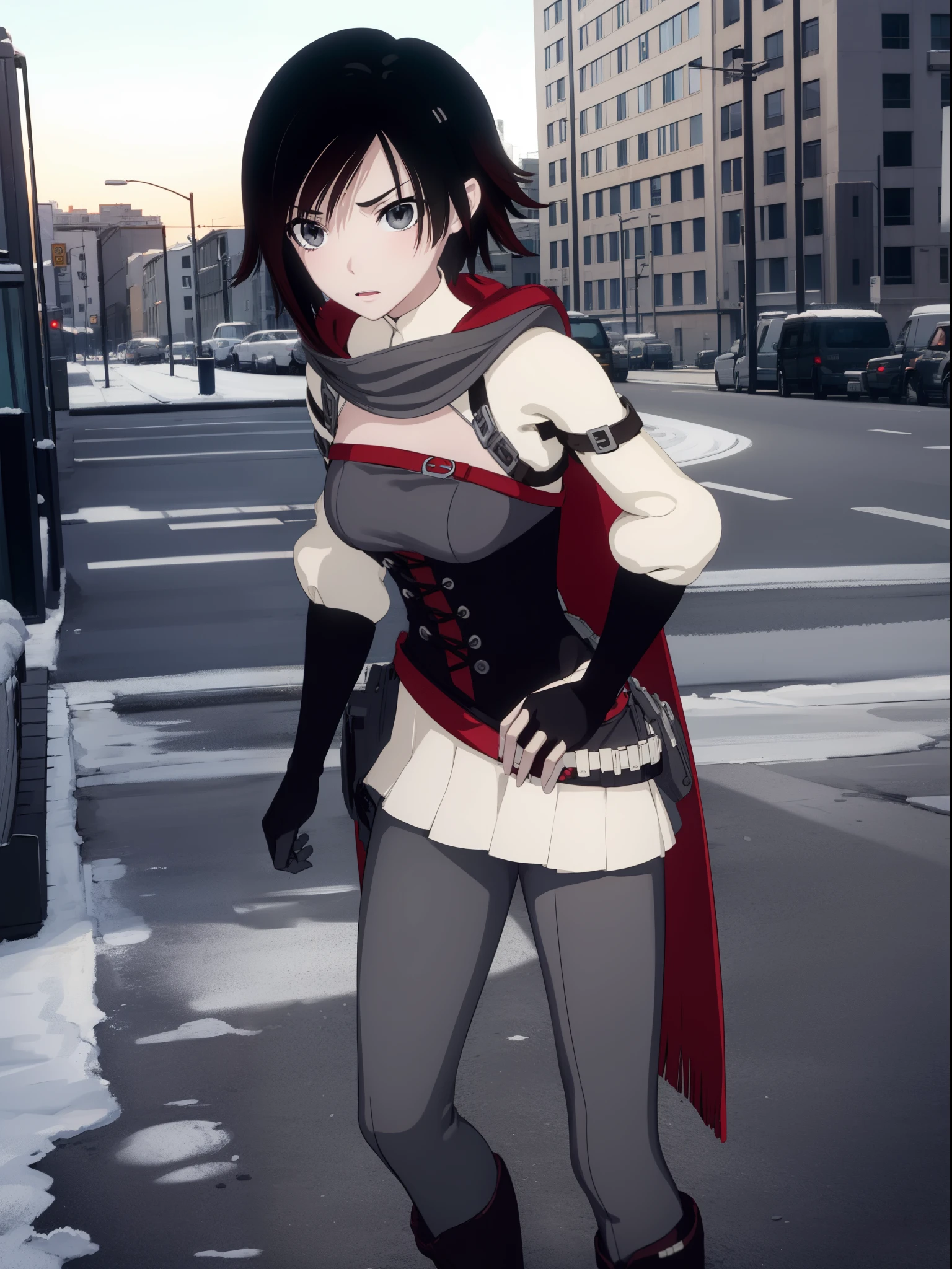 rubyrose, ruby rose, black hair, short hair, (grey eyes:1.5),
BREAK ,
BREAK outdoors, city backdrop,
BREAK looking at viewer, (cowboy shot:1.5),
BREAK (masterpiece:1.2), best quality, high resolution, unity 8k wallpaper, (illustration:0.8), (beautiful detailed eyes:1.6), extremely detailed face, perfect lighting, extremely detailed CG, (perfect hands, perfect anatomy), leotard, bare legs, boots, gloves, superhero, hand on hip, looking_at_viewer, (full_body)