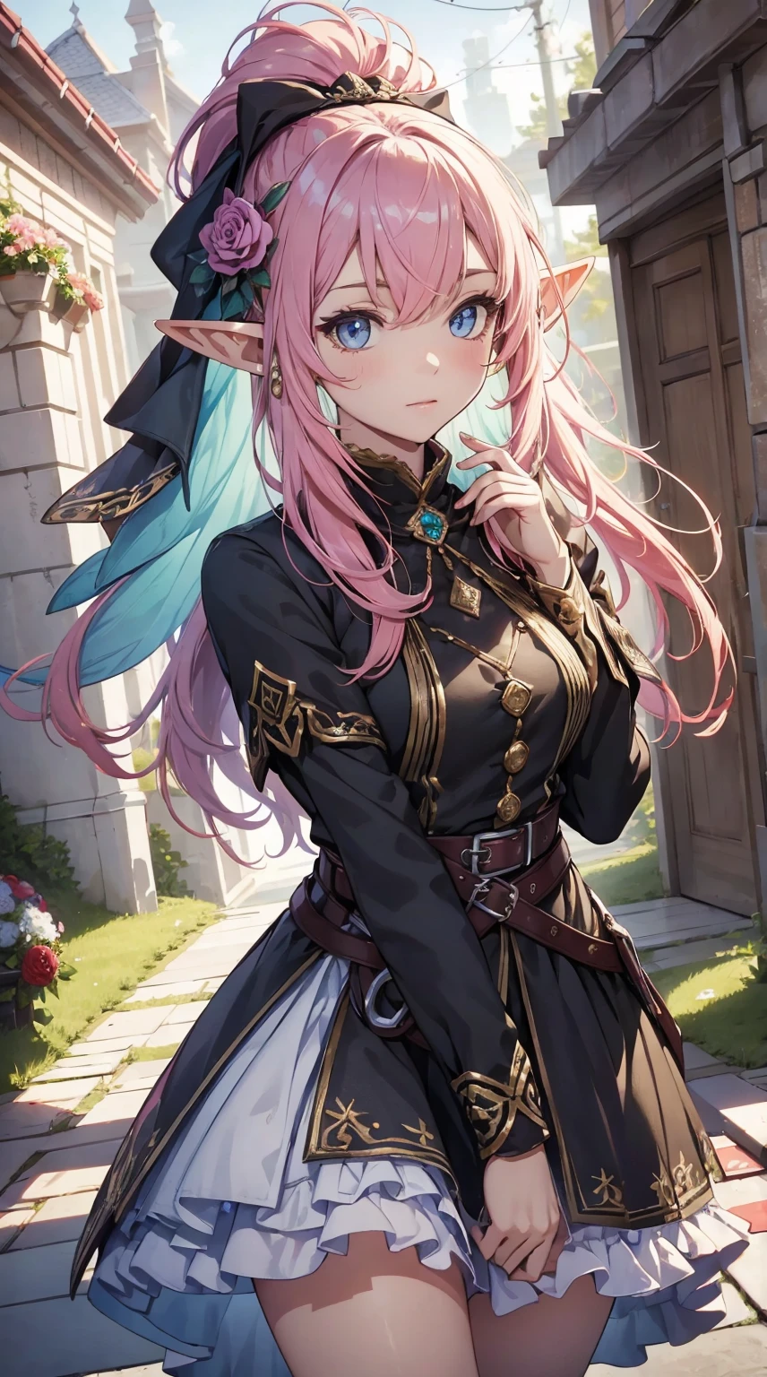best qualityer,tmasterpiece,Ultimate resolution,downy,Extremely colorful,Colorful,western regions,elf girl, Dancer,pink hairbl,dress costumes,flowers in hair, veils,Normal posture