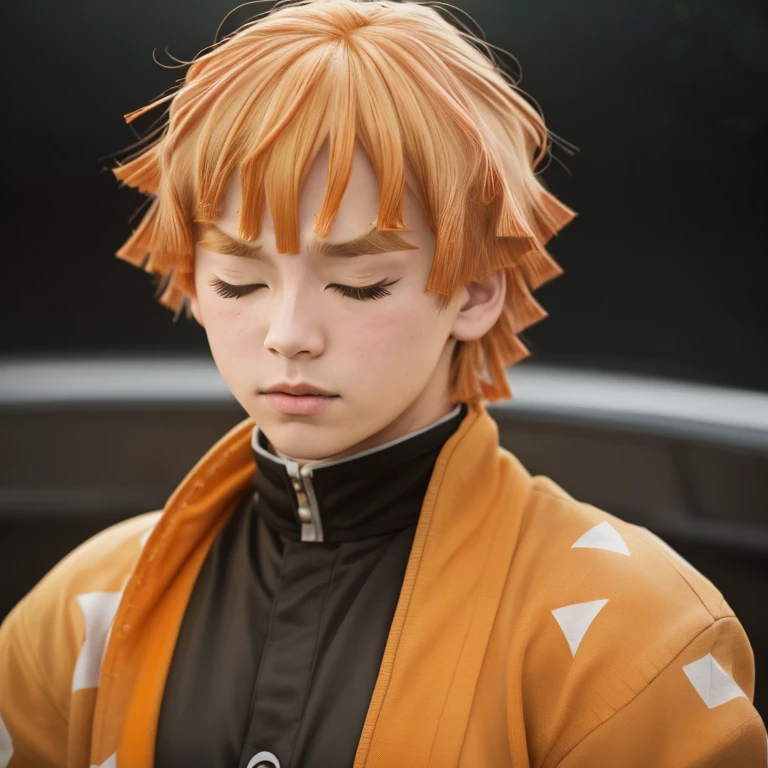 A real life adaption of Zenitsu Agatsuma, orange-haired anime boy from the world of Demon Slayer, closed eyes, exquisite face, portrait, symmetry, side lighting, dark background, hyper realistic