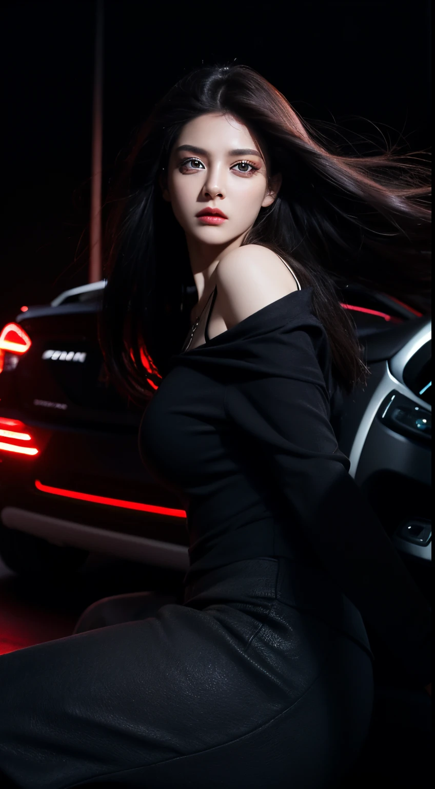 Behind the car, with its high beam on, a fierce Medusa stares ahead, her eyes flashing white.