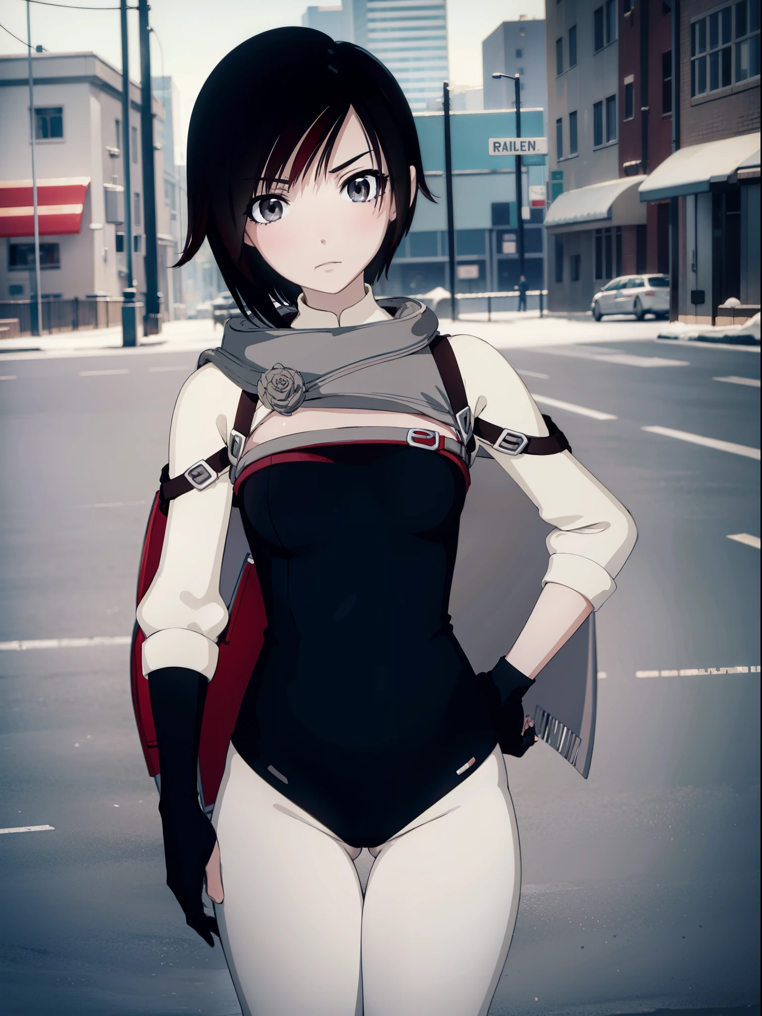 rubyrose, ruby rose, black hair, short hair, (grey eyes:1.5),
BREAK ,
BREAK outdoors, city backdrop,
BREAK looking at viewer, (cowboy shot:1.5),
BREAK (masterpiece:1.2), best quality, high resolution, unity 8k wallpaper, (illustration:0.8), (beautiful detailed eyes:1.6), extremely detailed face, perfect lighting, extremely detailed CG, (perfect hands, perfect anatomy), competition swimsuit, bare legs, boots, gloves, hand on hip, looking_at_viewer, (full_body)