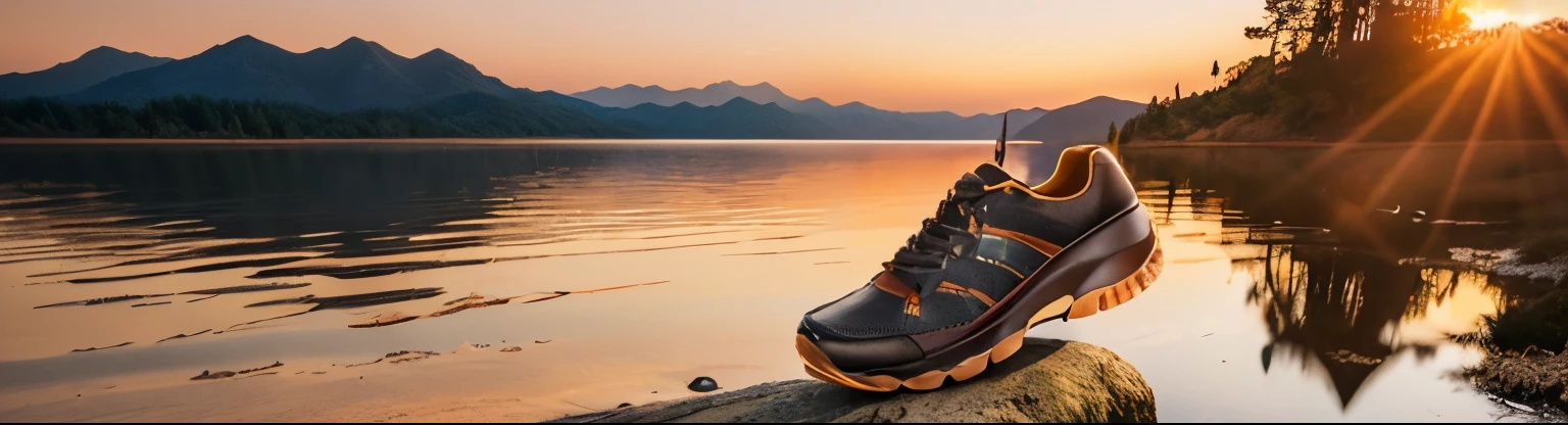 （tmasterpiece）（Best quality at best）（without humans）（a huge brown travel shoe）（Cinematic texture）（Cinematic light and shadow）Travel shoes e-commerce poster，Shoes fell to the ground，lindo cenario,at a forest,a forest path，the sunset,3D,rendering,，真实感