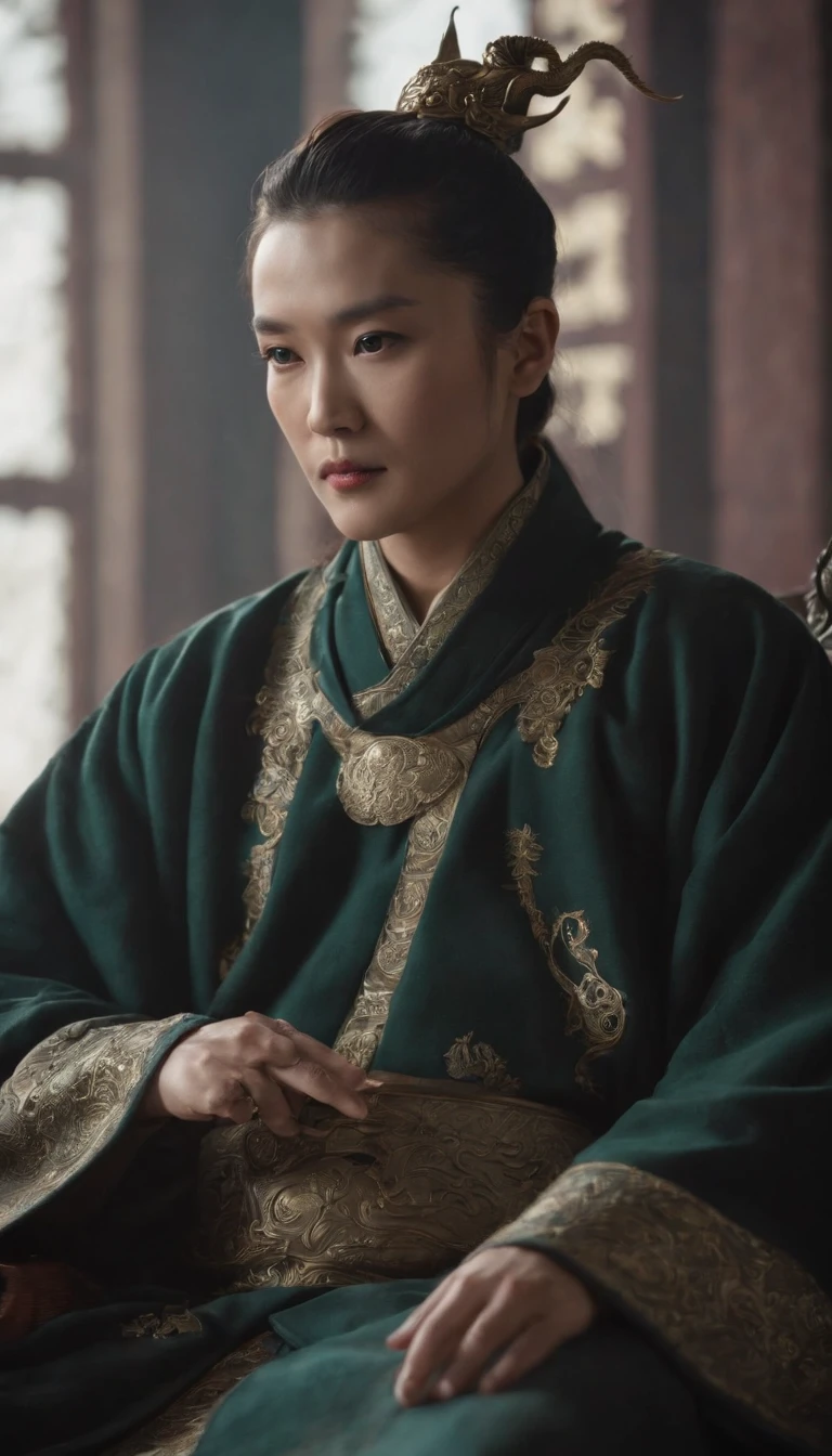 Qin Shi Huang,Wearing a dragon robe,Wearing a beaded crown,Wearing a jade ring on the hand,Dark gold and black dragon robe,The domineering power of the king,sitting on a dragon chair,In the main hall of Jinluan Palace,full body shot shot,Surreal art,Cinematic lighting,Ultra-detailed details,Domineering face