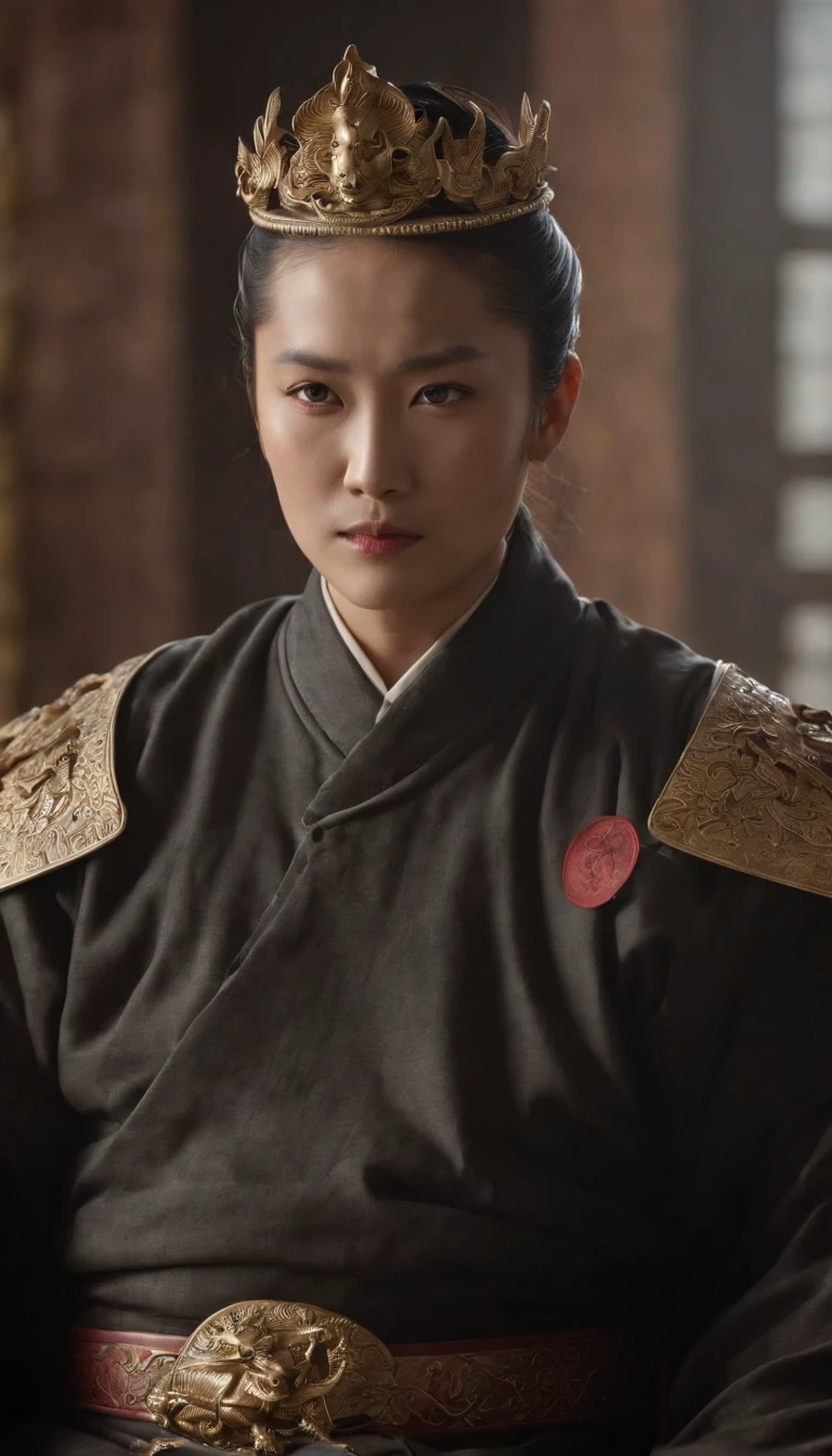 Qin Shi Huang,Wearing a dragon robe,Wearing a beaded crown,Wearing a jade ring on the hand,Dark gold and black dragon robe,The domineering power of the king,sitting on a dragon chair,In the main hall of Jinluan Palace,full body shot shot,Surreal art,Cinematic lighting,Ultra-detailed details,Domineering face