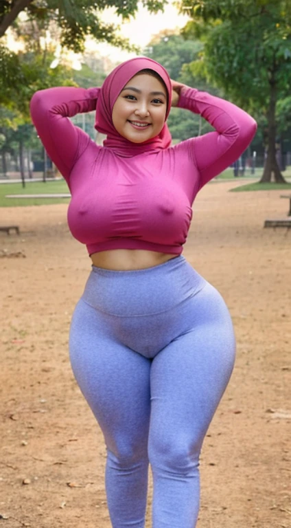 masterpiece, high quality photos, detailed photos, beautiful chubby Malay woman wearing a hijab, has super plump breasts, wearing a tight t-shirt, sexy leggings, big buttocks, posing smiling in the park, detailed body description, detailed facial description,