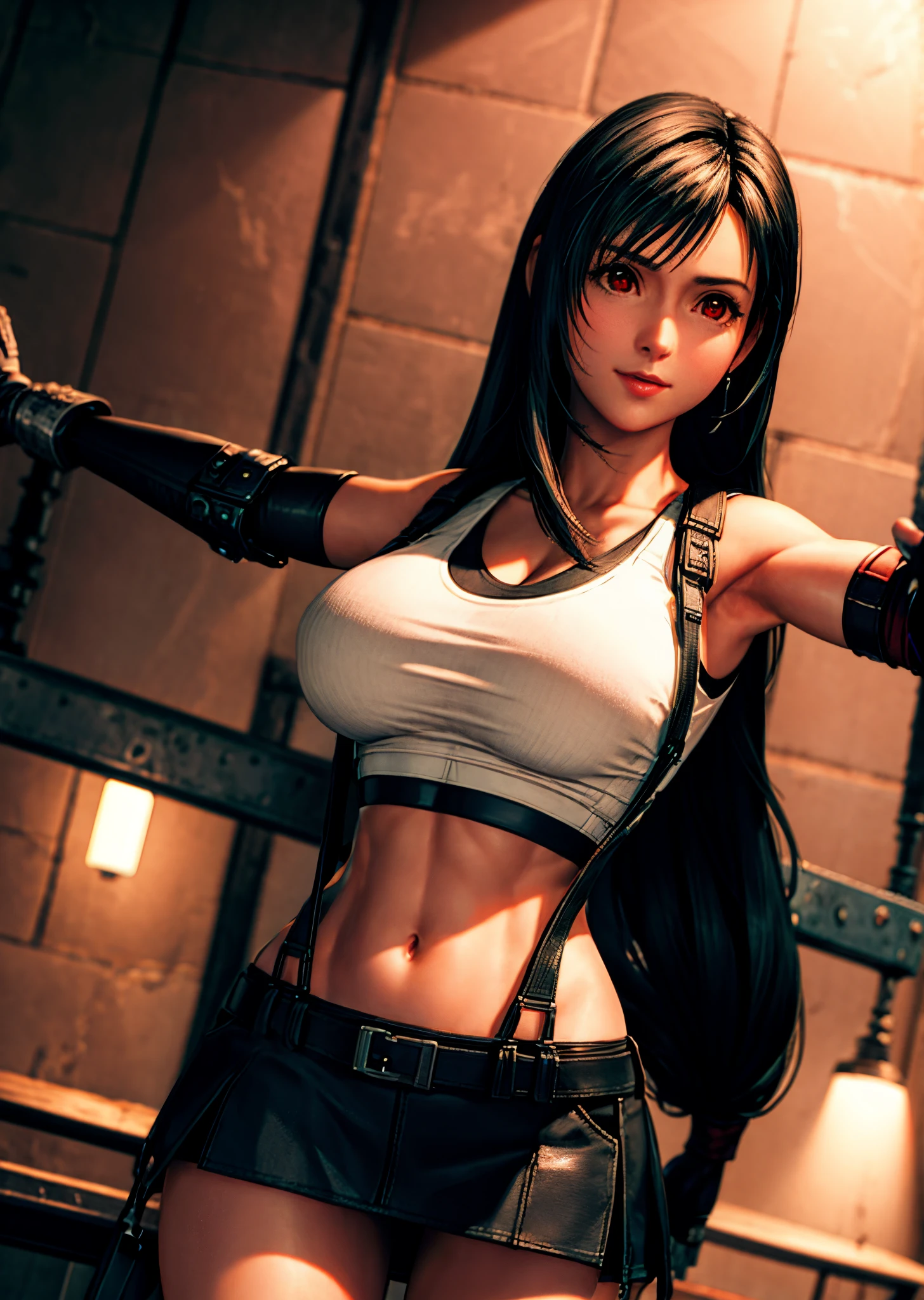 (Photorealistic: 1.4), top quality, very delicate and beautiful, high resolution, 1girl, tifa_lockhart, smile, cowboy shot, suspenders, low rise, mini skirt, tank top, tense shirt, black hair, long hair, elbow gloves, beautiful detailed red eyes, face light, movie lighting, navel, high exposure, abdomen exposure, ribs, abs, ( gigantic breasts: 1.2), dynamic poses, dynamic angles,
