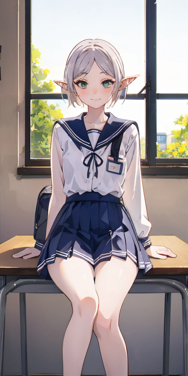 1 slender girl,lip flap,blush blush,cosmetics,light  smile,校服,‎Classroom,bookbag,classroom desk，The scenery outside the window sitting on the table,upper legs,鎖骨,big chest and thin waist,(tmasterpiece),Wallpapers,Best quality, tmasterpiece, 1 slender girl, (Alone:1.1), ray traycing, ultra - detailed,Detailed faces, 8k wallpaper, , Freelon NDV, 1 well-proportioned girl, White hair, dual horsetail, Green-eyed, mediuml breasts, Long gray hair, pointy ears, fairies, Parted bangs,