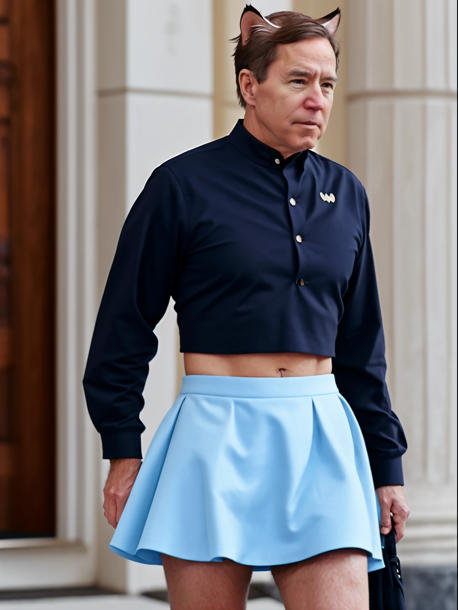 Joe Biden wearing a crop top and a skirt with cat ears on