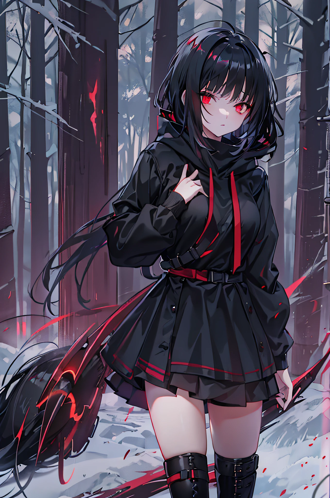 red color eyes, Black color hair, Black platform boots, short detailed hair, black thigh socks, Hair covers one eye, black hoodie, Black thigh strap, black sash,nigth,black short skirt,ln the forest,at winter season,bit girl,waiting to start,Lateral face,Face the lens