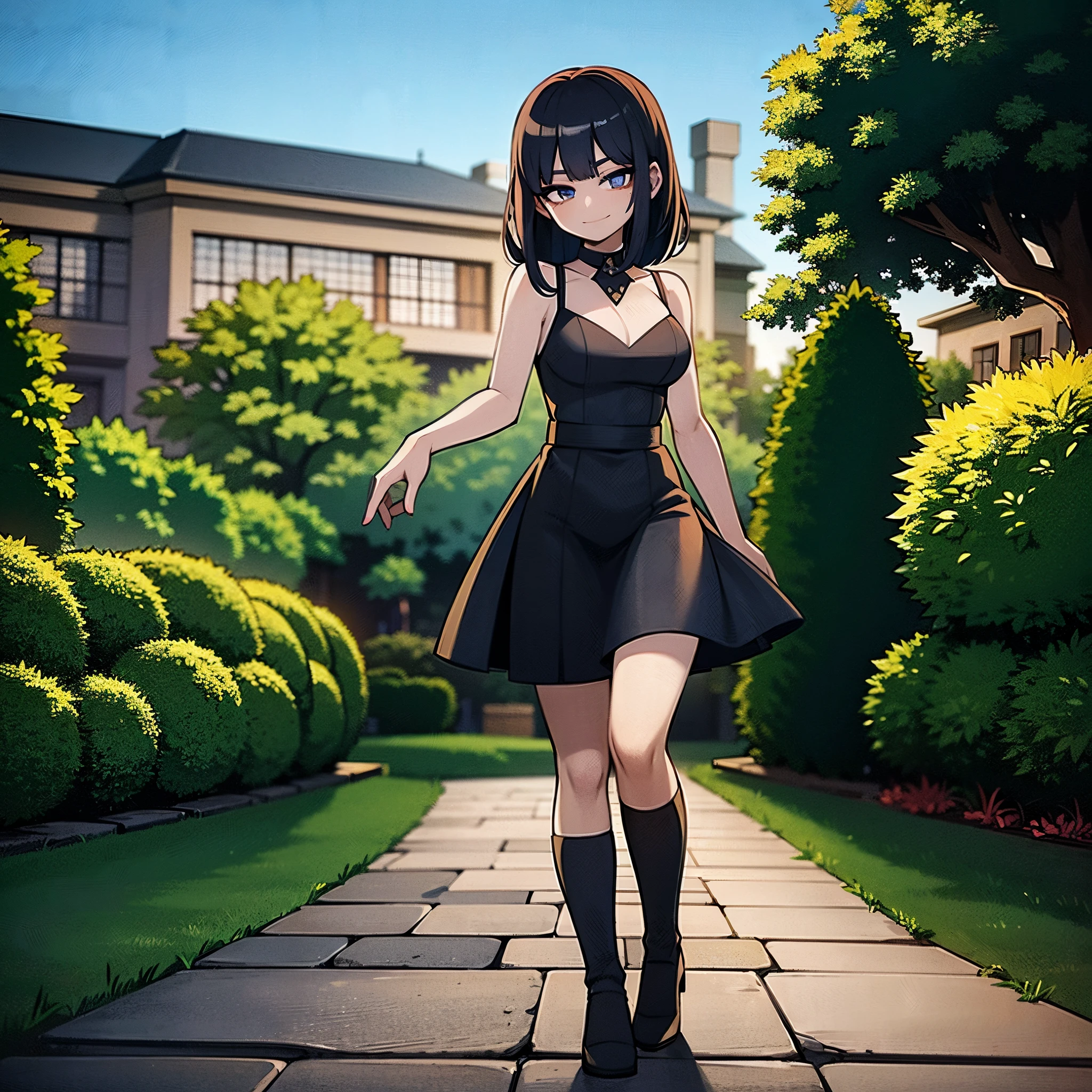 (masterpiece, best quality:1.2),illustration,8k,hd,1girl,full body,long_hair,breasts,cleavage,bangs,black_hair,dress,long_sleeves,twintails,purple_eyes,collarbone,choker,black_dress,black_thighhighs,black_choker,zettai_ryouiki,sleeves_past_wrists, <lora:Endgirl-V1:0.8>
