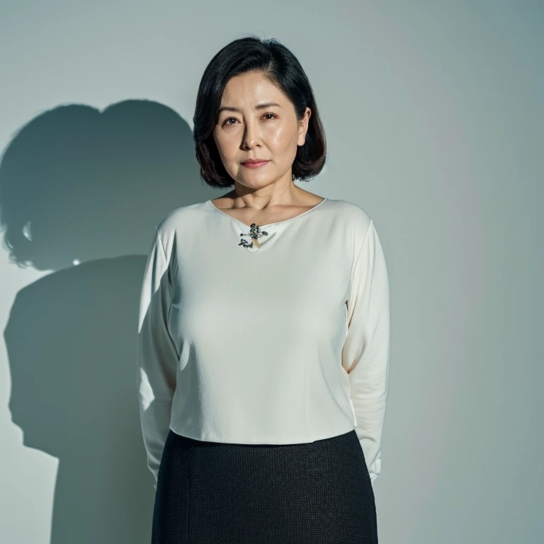 Pale solid color background,japanese mature, 90 years old, governess, chubby figure, 独奏, He stands in the center of the screen and looks straight ahead with a serious expression with his mouth and eyes closed., White blouses, Black tight skirt, Composition from knees to top of head, hight resolution, high-level image quality, high detailing,  Textured skin, tre anatomically correct, sharp,