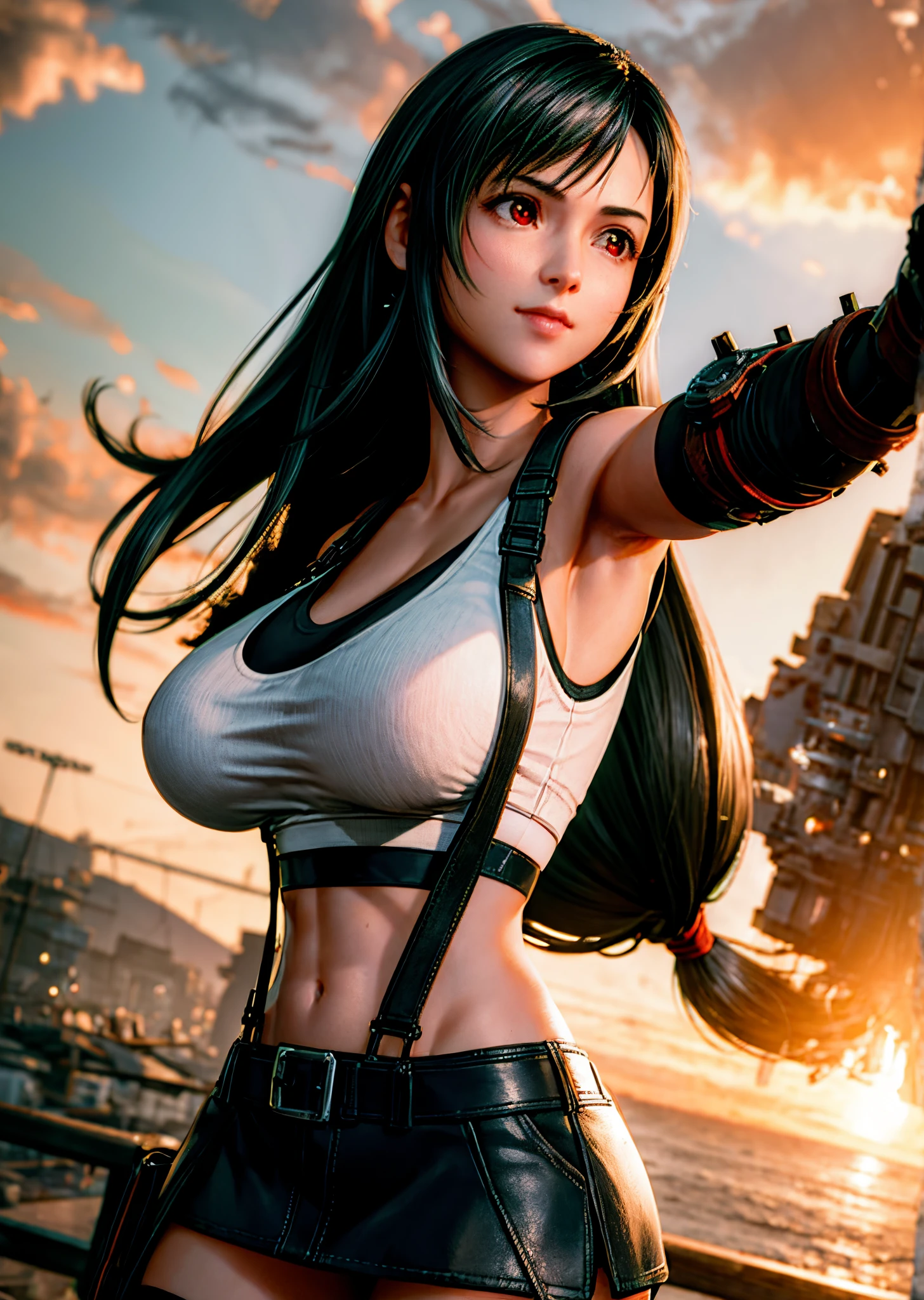 (Photorealistic: 1.4), top quality, very delicate and beautiful, high resolution, 1girl, tifa_lockhart, smile, cowboy shot, suspenders, low rise, mini skirt, tank top, tense shirt, black hair, long hair, elbow gloves, beautiful detailed red eyes, face light, movie lighting, navel, high exposure, abdomen exposure, ribs, abs, ( gigantic breasts: 1.2), dynamic poses, dynamic angles,