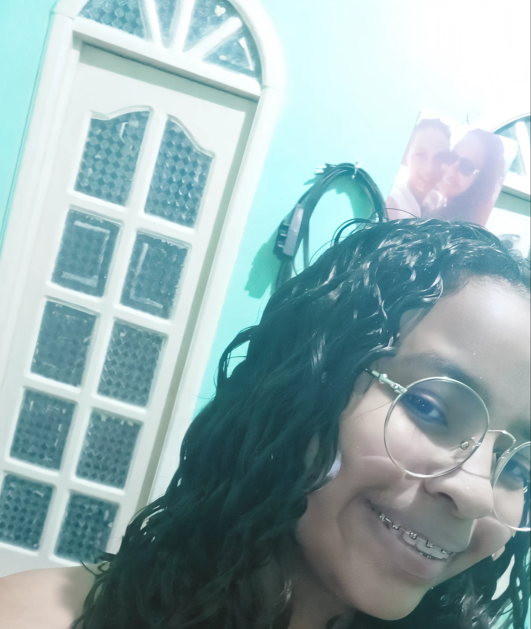 a 30 pixar disney style movie poster with the text"MEU AMOR" there is a woman with glasses and a pink flower in her hair, Looks like Fabiula Nascimento, profile image, frontal image, long wavy black hair and glasses, very low quality image, with brown skin, Director: Emerson Silva, Selfie!!!! !, fried smile, 30 year old woman from Cuba, around 19 years old, curly