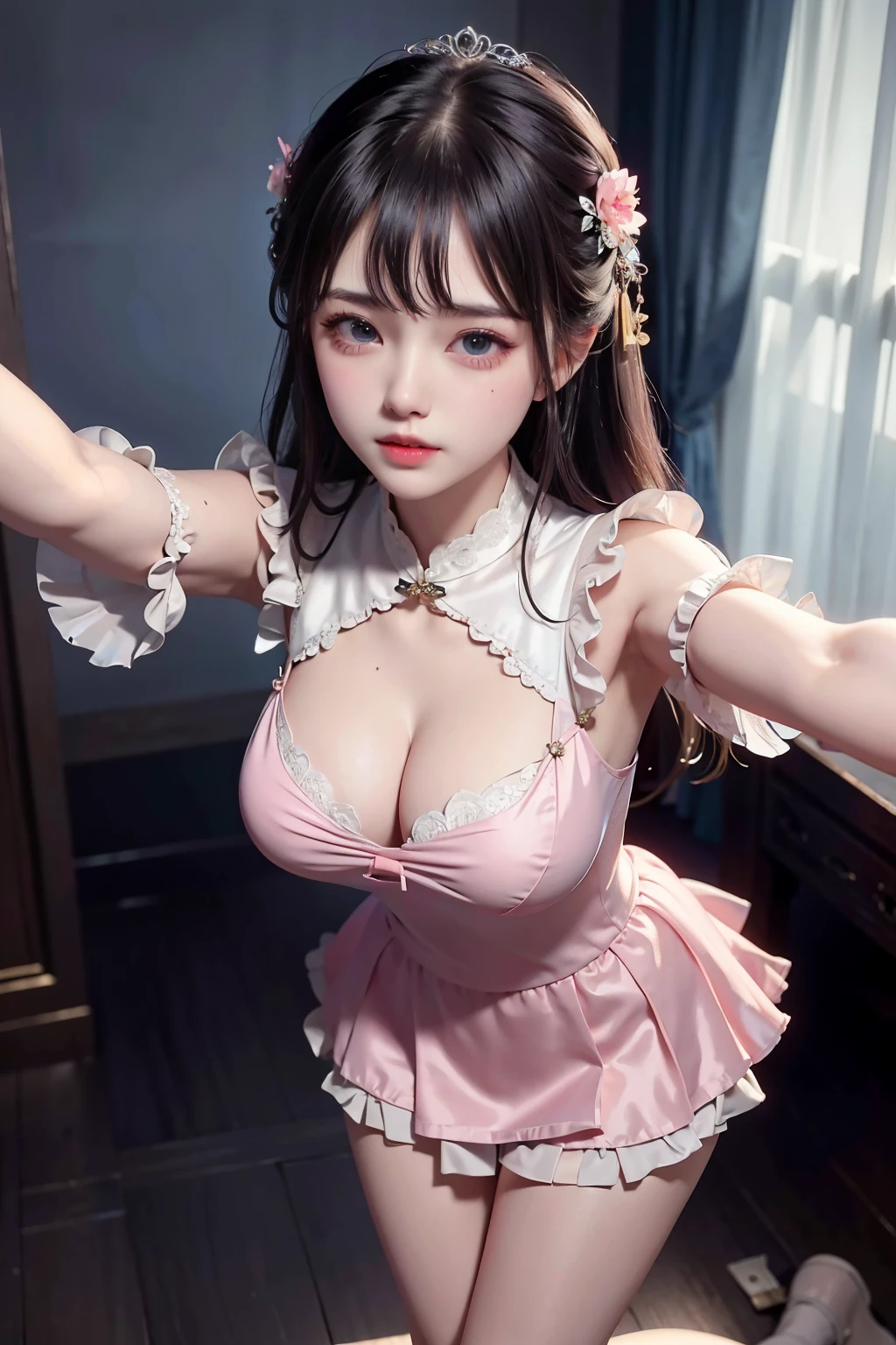 Thin silk lace petticoat,princess 8 ald old cute being marturbate, (huge boobs,cleavage),petticoat, white pink, blue ,best qualtiy,tmasterpiece,超高分辨率,(真实感:1.4),RAW photogr,(True skin texture:1.3),(filmgrain:1.3),(Selfie angle),1个Giant Breast Girl,Beautiful eye and face details,tmasterpiece,Best quality at best,exposing thighs,Bigchest and bip ,The chest is more exposed, detailed hair,above looking down facing at camera,short dressPrincess Eyes,Super big eyes,Detailed face,shiny pupils, randome color, dress short, , thin silk fabric wet body, thin silk fabric lace petticoat, short dress pink