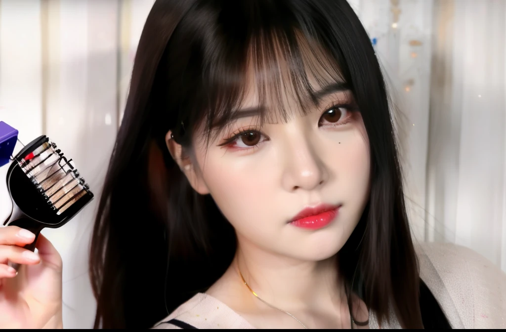 there is a woman holding a brush and a comb in her hand, maquiagem sul-coreana popular, maquiagem coreana popular, Ulzzang, menina coreana, Ruan Vtuber Fofo, com cabelos longos, Ela tem cabelo preto com franja, Asian girl with long hair, Mulher sul-coreana bonita, cabelo arrumado com franja, franja contundente cai em sua testa, Mulher coreana