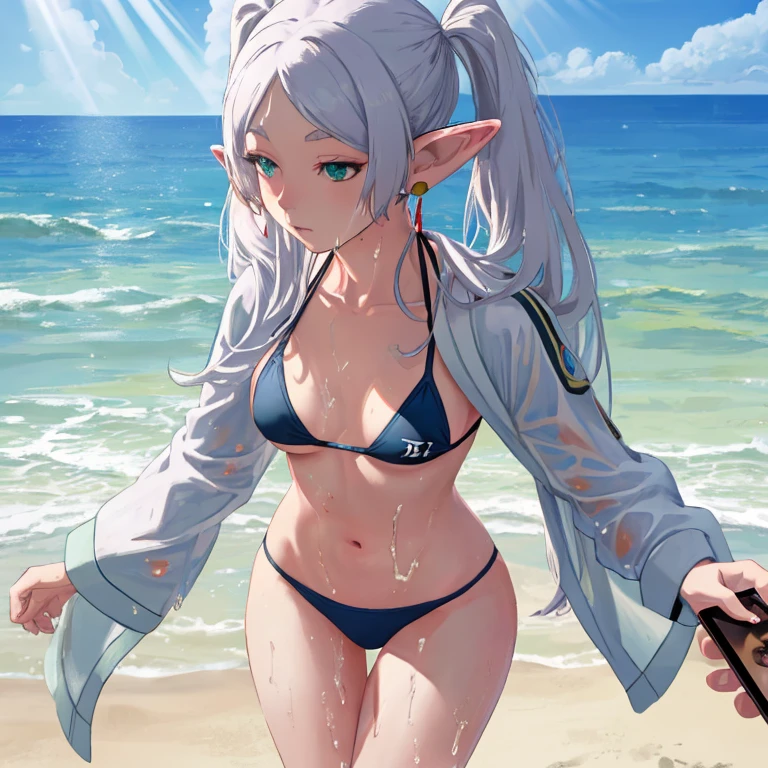 Frieren, twintails, earrings, Bikini, white hair, realistic, selfie, 1girl, beach, wet, light rays, glow, thighs, collarbone, narrow waist, (masterpiece), wallpaper,